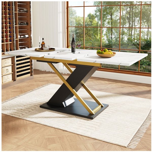 Celya Esstisch Teleskoptisch,Esstisch Ausziehtisch MDF Tischplatte Mit Marmormustern (Doppelnutzung für Heim & Büro), Küchen-Wohnzimmertisch mit goldenen Kreuzb