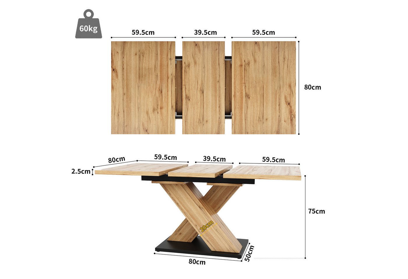 Celya Esstisch Teleskoptisch,Tisch,Küchentisch,Ausziehtisch auf 119-158.5*80*75cm, für Küche und Wohnzimmer, Esstisch – Bild 2 von 5