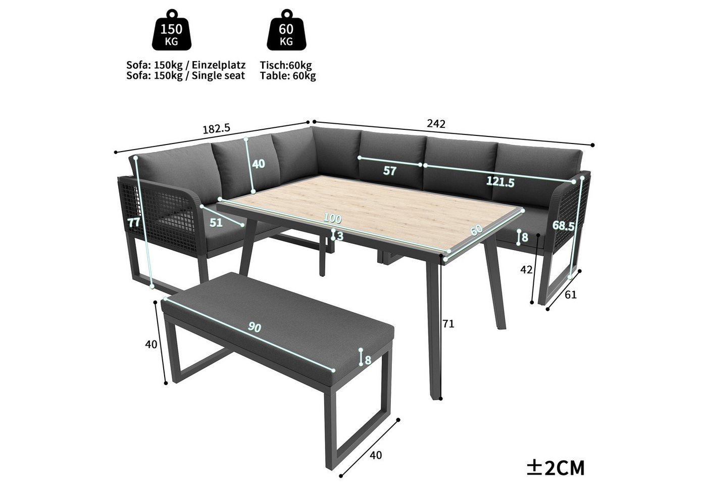 Celya Gartenlounge-Set Gartenmöbel Set mit Hochwertigen Sitzkissen & Rückenkissen, (für 6-8 Personen, SetHandgeflochtene PE-Rattan Polstergruppe, Grau), Garten  – Bild 2 von 5