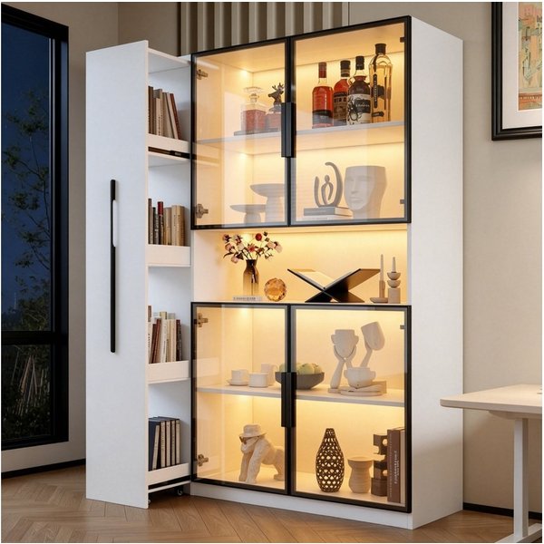 Celya Glasvitrine vertikaler Vitrine mit LED-Beleuchtung und Schubladen (mit Ausziehbare Seitenregale und offene Mittelablage) Ideal für Esszimmer, Wohnzimmer o