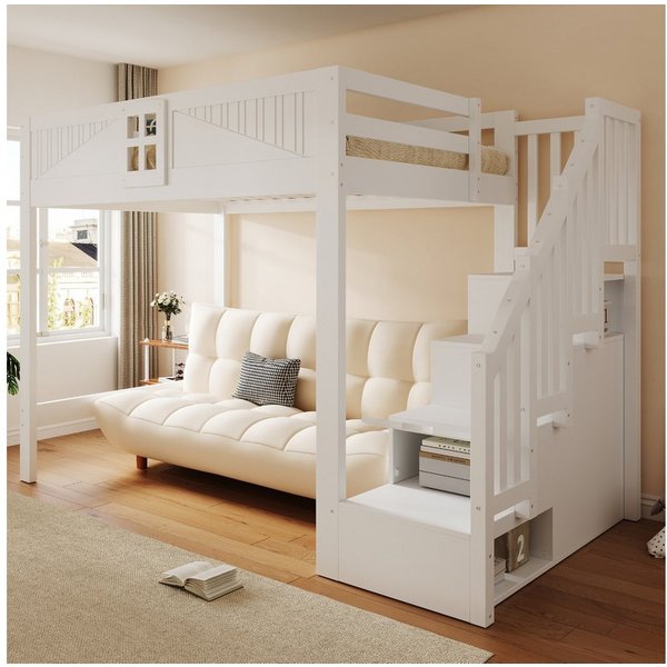 Celya Hochbett Massivholz Multifunktionsbett 140 x 200 cm mit Stauraum (ohne Matratze, Mit Einzigartigem Sicherheitsgitter Mit Fenster) Beidseitig Austauschbare