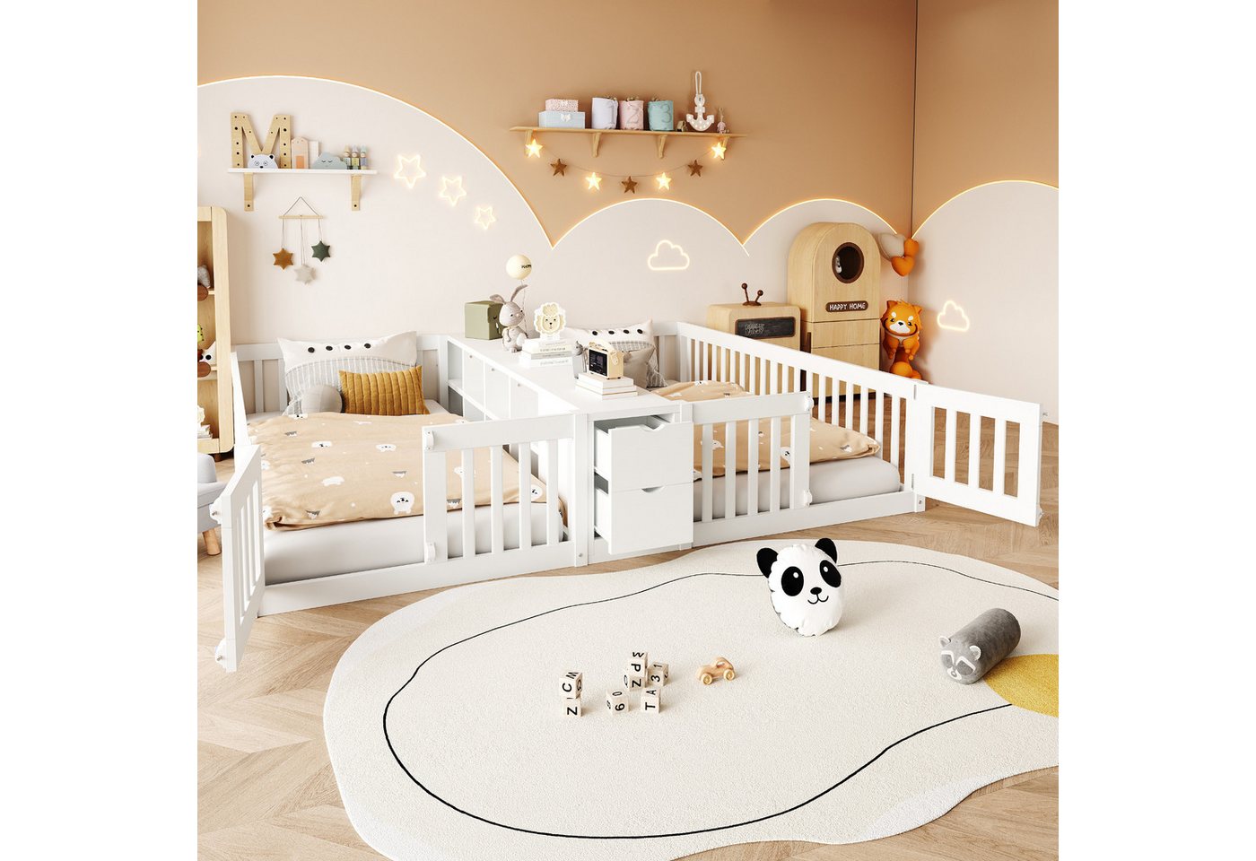 Celya Holzbett Kinder-Doppelbettgestell mit Sicherheitsgitter (ohne Matratze, 90 x 200 cm, Mit Schublade und Doppelstöckigem Regal), Geeignet für Kinderzimmer – Bild 3 von 5