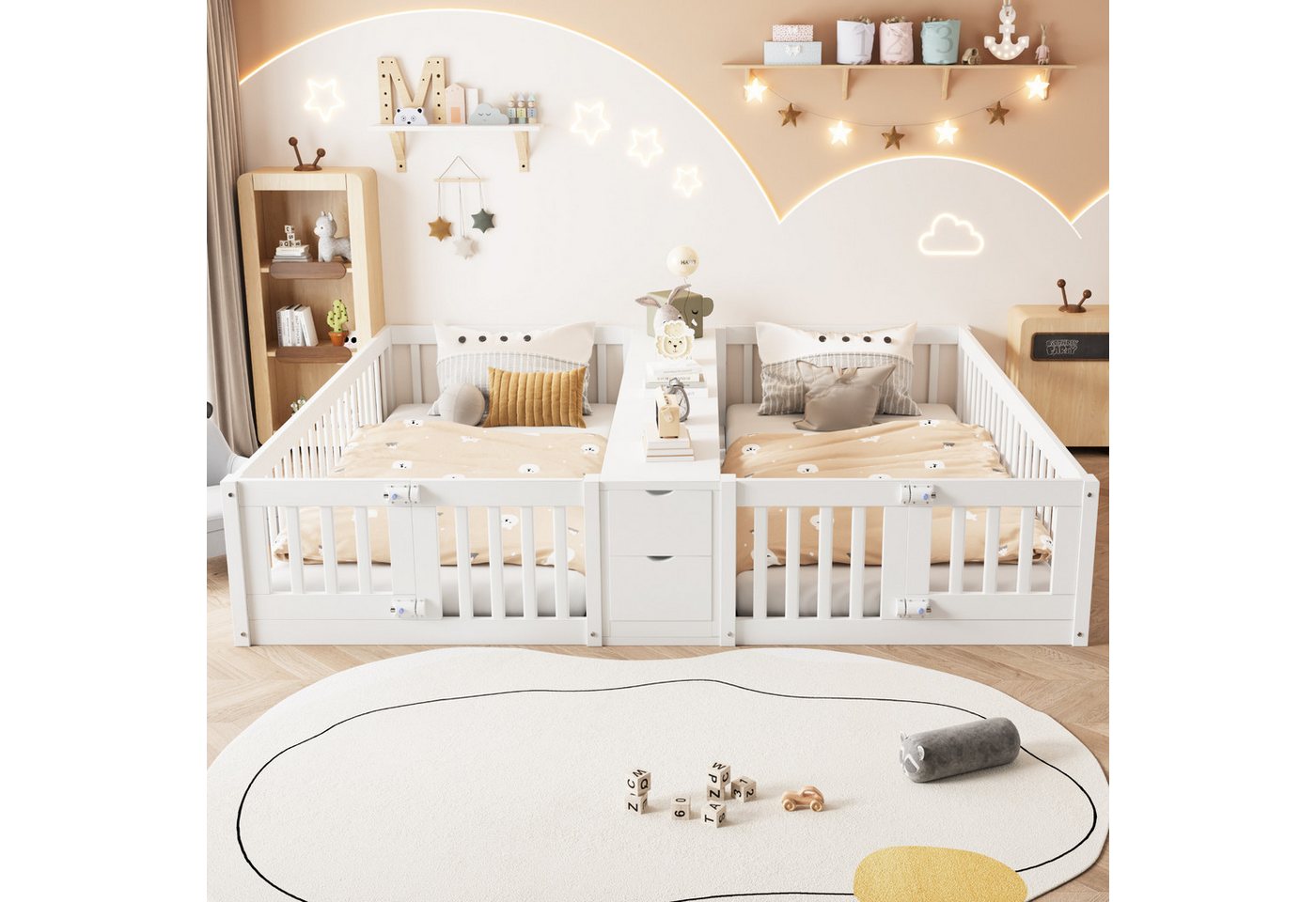 Celya Holzbett Kinder-Doppelbettgestell mit Sicherheitsgitter (ohne Matratze, 90 x 200 cm, Mit Schublade und Doppelstöckigem Regal), Geeignet für Kinderzimmer – Bild 4 von 5