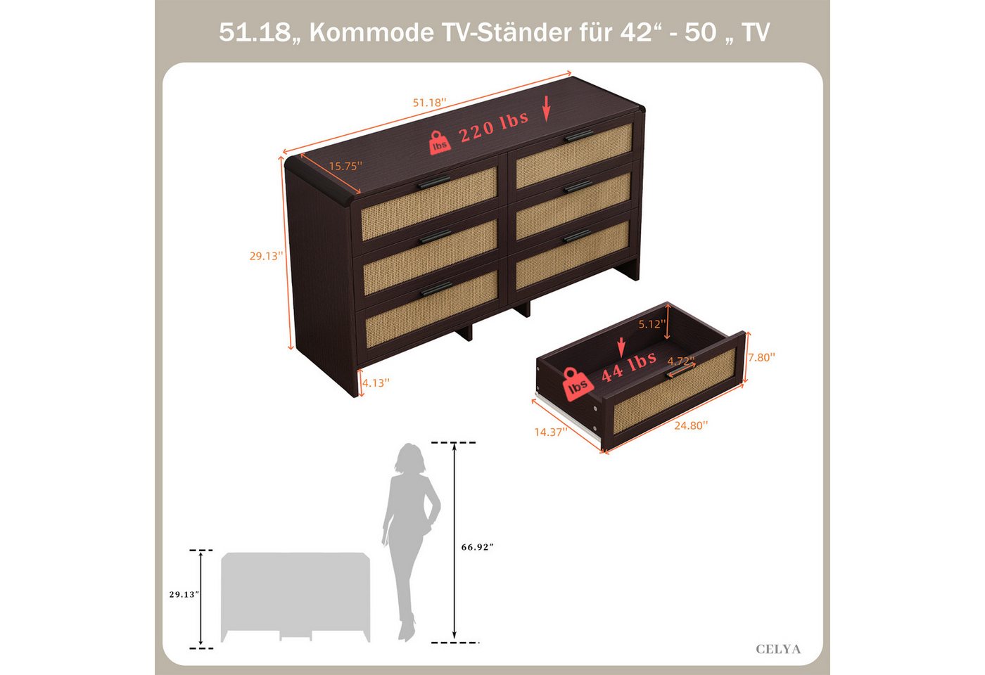Celya Kommode 130cm Kommode mit 6 Schubladen, mit schubladen, Rattanschrank (kommoden für schlafzimmer, Braun), Arc Shaped Corner Rattan Cabinet – Bild 2 von 5