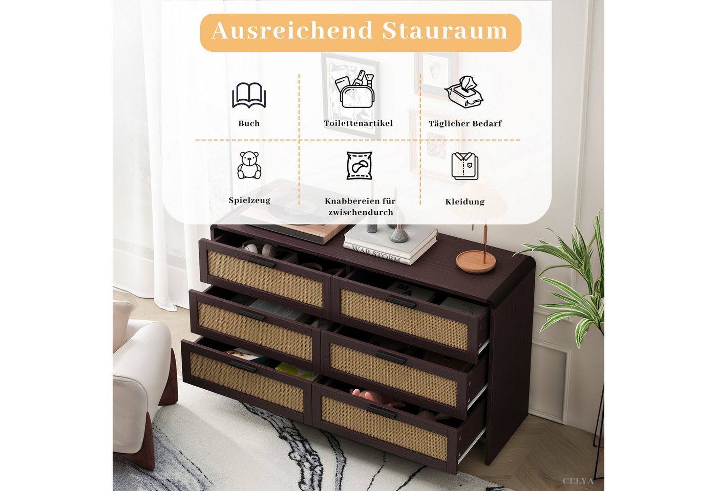 Celya Kommode 130cm Kommode mit 6 Schubladen, mit schubladen, Rattanschrank (kommoden für schlafzimmer, Braun), Arc Shaped Corner Rattan Cabinet – Bild 4 von 5