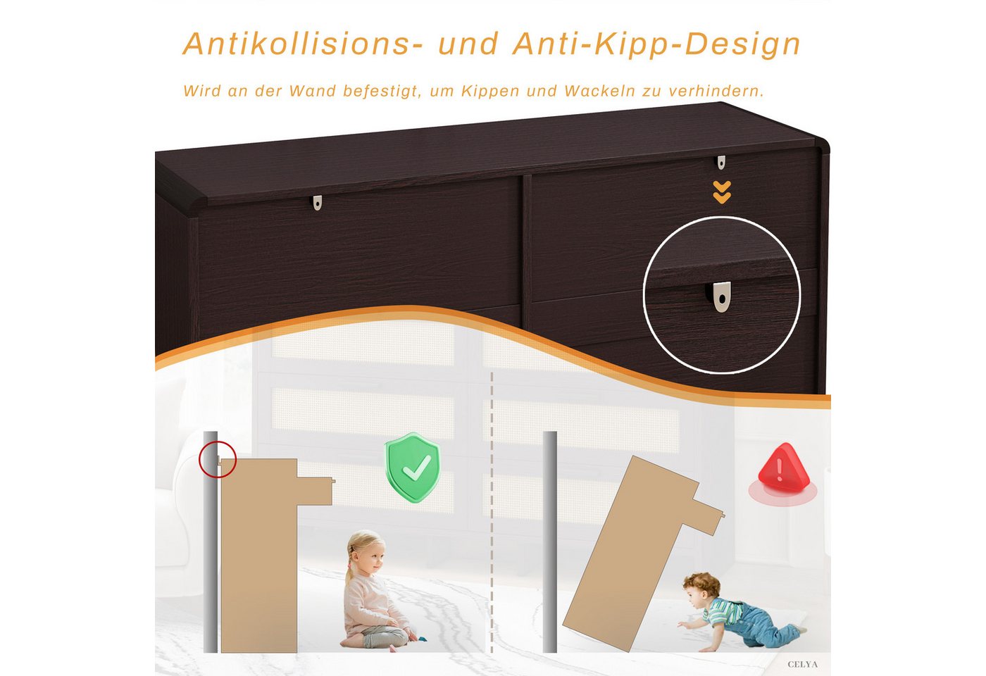 Celya Kommode 130cm Kommode mit 6 Schubladen, mit schubladen, Rattanschrank (kommoden für schlafzimmer, Braun), Arc Shaped Corner Rattan Cabinet – Bild 5 von 5