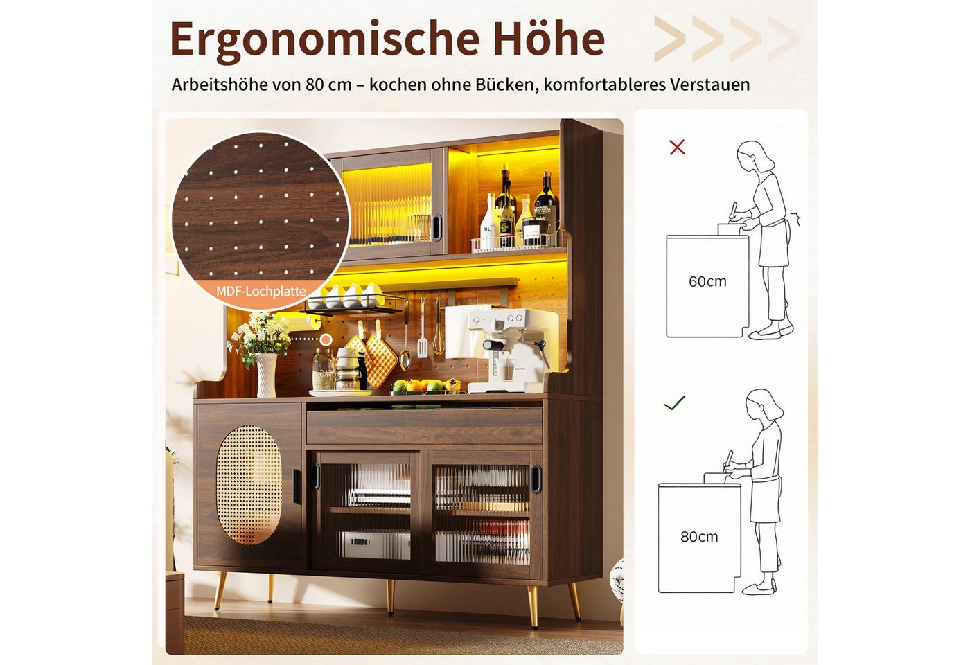 Celya Küchenbuffet Buffetschrank Landhaus mit LED und Lochwand (145x39x171cm, 5 Türen und 1 Schublade) vielseitig einsetzbar in Küche, Esszimmer oder Wohnzimmer – Bild 3 von 5