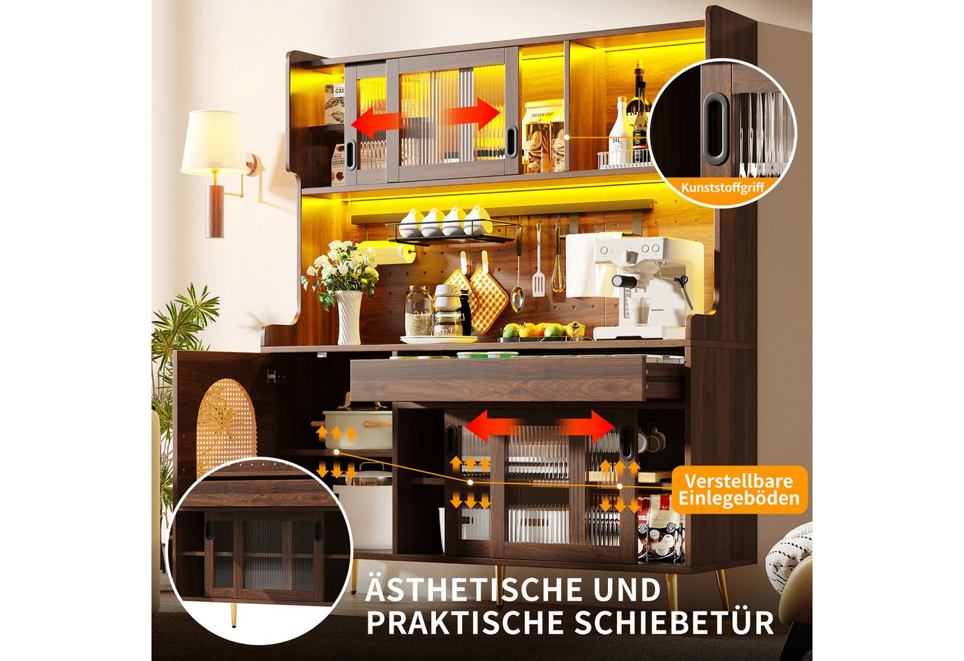 Celya Küchenbuffet Buffetschrank Landhaus mit LED und Lochwand (145x39x171cm, 5 Türen und 1 Schublade) vielseitig einsetzbar in Küche, Esszimmer oder Wohnzimmer – Bild 4 von 5