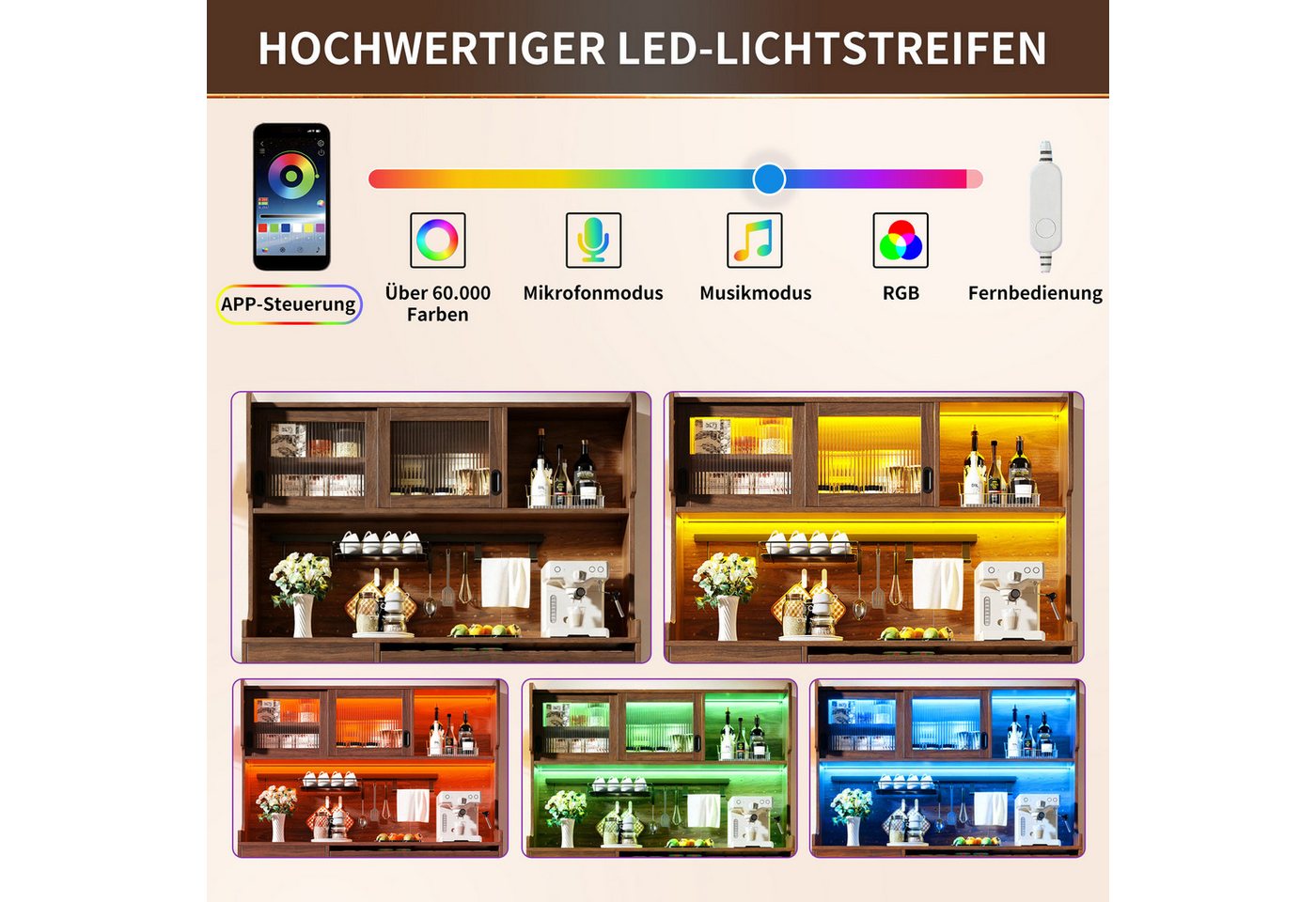 Celya Küchenbuffet Buffetschrank Landhaus mit LED und Lochwand (145x39x171cm, 5 Türen und 1 Schublade) vielseitig einsetzbar in Küche, Esszimmer oder Wohnzimmer – Bild 5 von 5