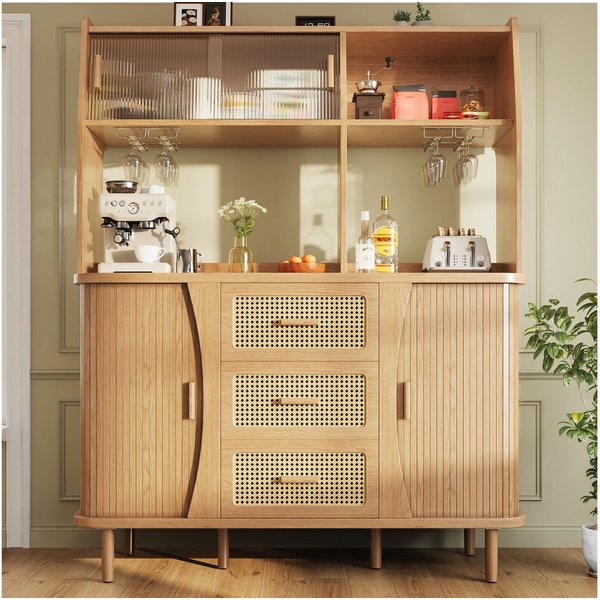 Celya Küchenbuffet Buffetschrank Rattanoptik mit Stauraum (mit 3 Schubladen und Glasschiebetüren, belastbar bis 60kg) Integrierte Glashalter, verstellbare Füße 