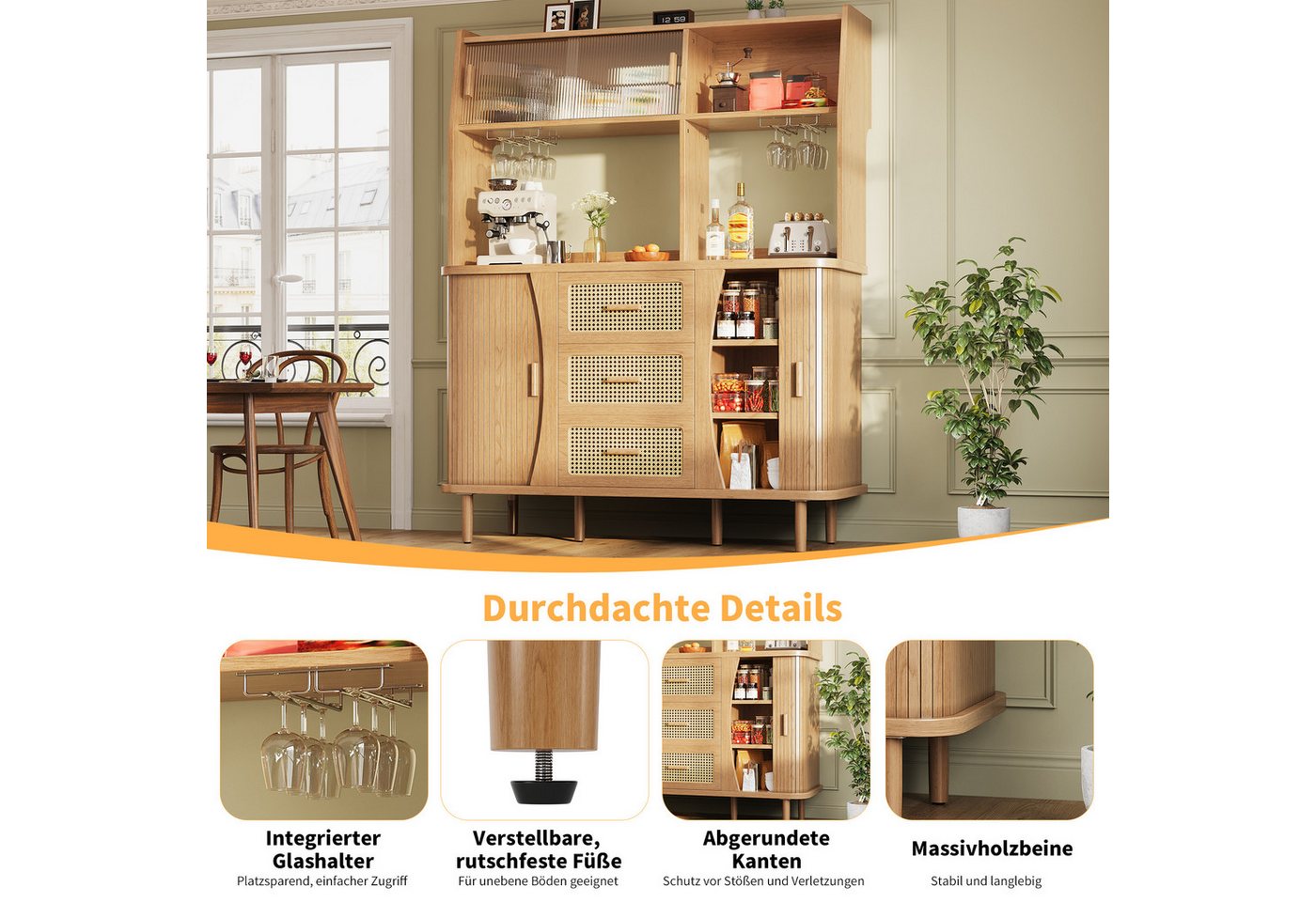 Celya Küchenbuffet Buffetschrank Rattanoptik mit Stauraum (mit 3 Schubladen und Glasschiebetüren, belastbar bis 60kg) Integrierte Glashalter, verstellbare Füße  – Bild 3 von 5
