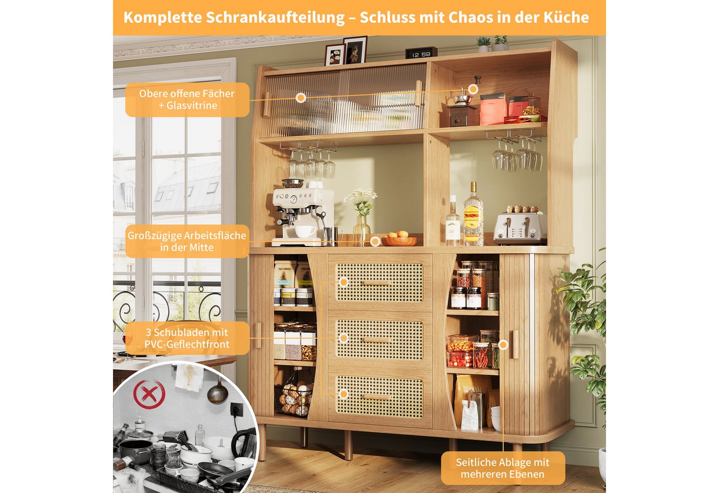 Celya Küchenbuffet Buffetschrank Rattanoptik mit Stauraum (mit 3 Schubladen und Glasschiebetüren, belastbar bis 60kg) Integrierte Glashalter, verstellbare Füße  – Bild 4 von 5
