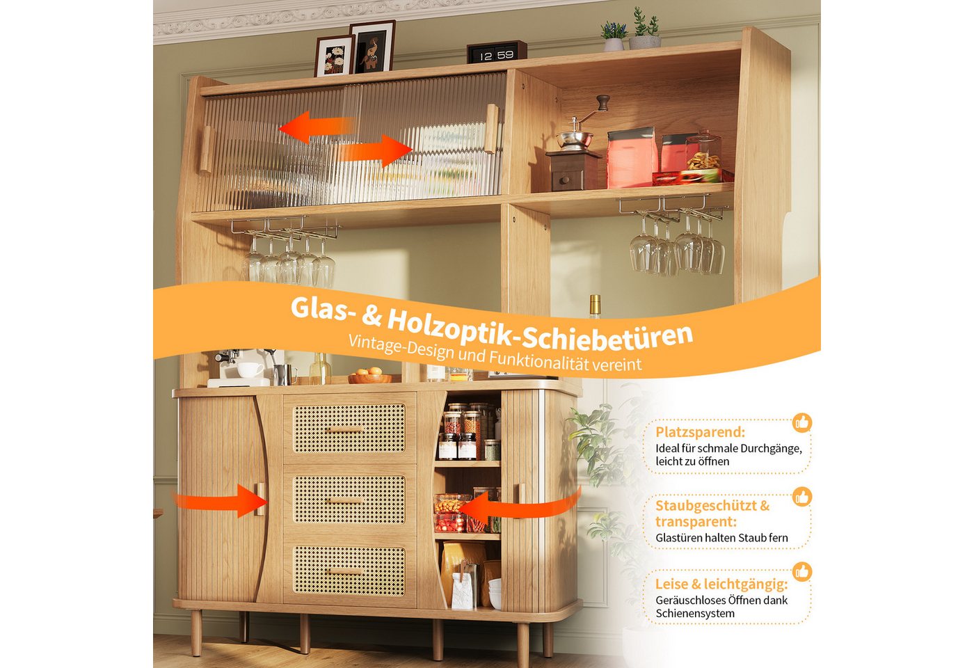 Celya Küchenbuffet Buffetschrank Rattanoptik mit Stauraum (mit 3 Schubladen und Glasschiebetüren, belastbar bis 60kg) Integrierte Glashalter, verstellbare Füße  – Bild 5 von 5