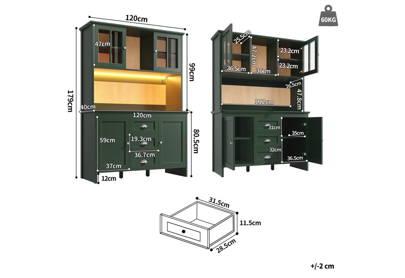 Celya Küchenbuffet Küchenschränke,Sideboards mit braunen Glastüren und LED-Beleuchtung (mit App-Steuerung, 1-St., B120/T40/H179 cm) Geschirrschrank mit verstell – Bild 2 von 5