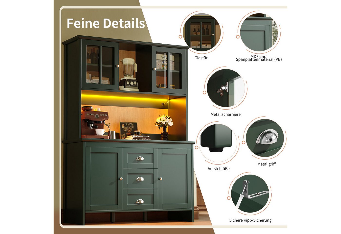 Celya Küchenbuffet Küchenschränke,Sideboards mit braunen Glastüren und LED-Beleuchtung (mit App-Steuerung, 1-St., B120/T40/H179 cm) Geschirrschrank mit verstell – Bild 3 von 5