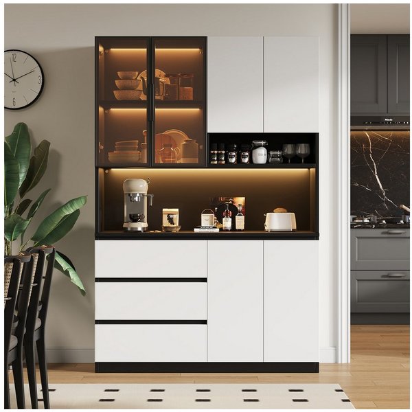 Celya Küchenbuffet Küchenschränke, Küchenvitrinen mit LED-Beleuchtung (mit 3 Schubladen, 6 Türen und Ablagebrettern) ideal für den täglichen Einsatz in Küche, E