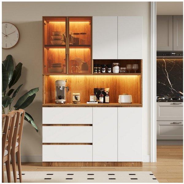 Celya Küchenbuffet Küchenschränke, Küchenvitrinen mit LED-Beleuchtung (mit 3 Schubladen, 6 Türen und Ablagebrettern) ideal für den täglichen Einsatz in Küche, E
