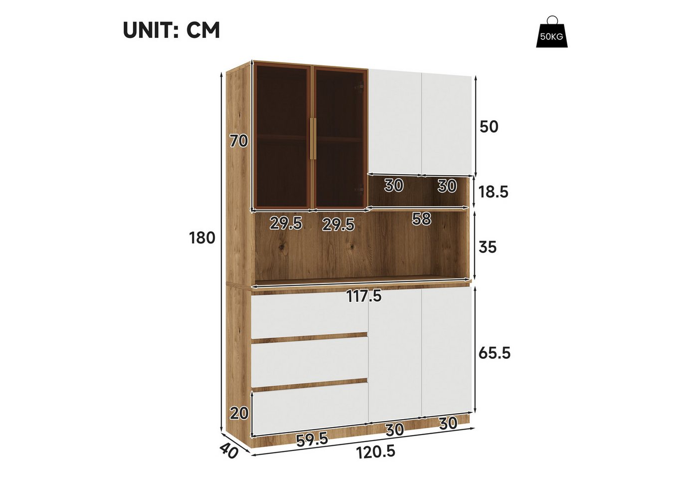 Celya Küchenbuffet Küchenschränke, Küchenvitrinen mit LED-Beleuchtung (mit 3 Schubladen, 6 Türen und Ablagebrettern) ideal für den täglichen Einsatz in Küche, E – Bild 2 von 5