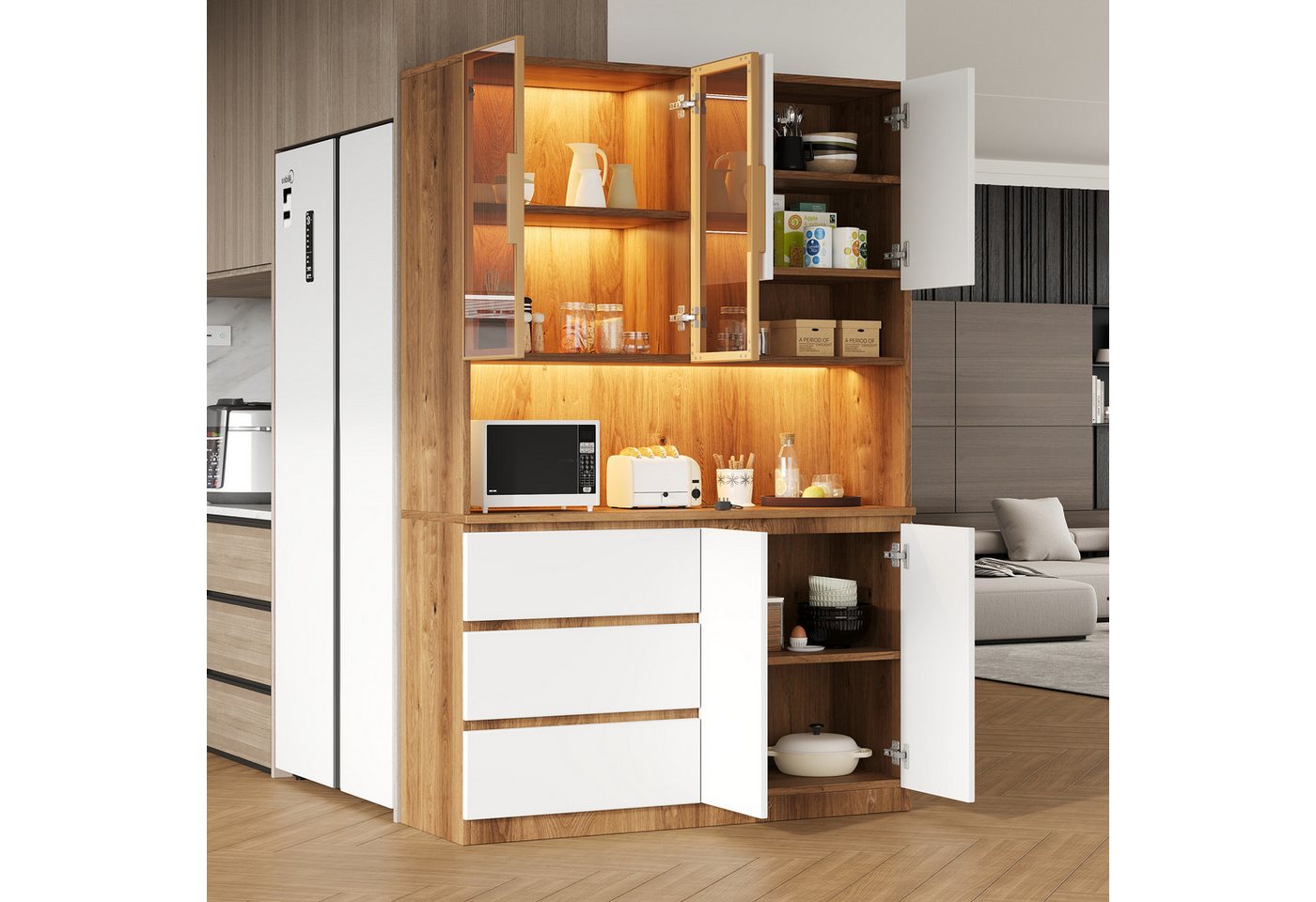 Celya Küchenbuffet Küchenschränke, Küchenvitrinen mit LED-Beleuchtung (mit 3 Schubladen, 6 Türen und Ablagebrettern) ideal für den täglichen Einsatz in Küche, E – Bild 4 von 5