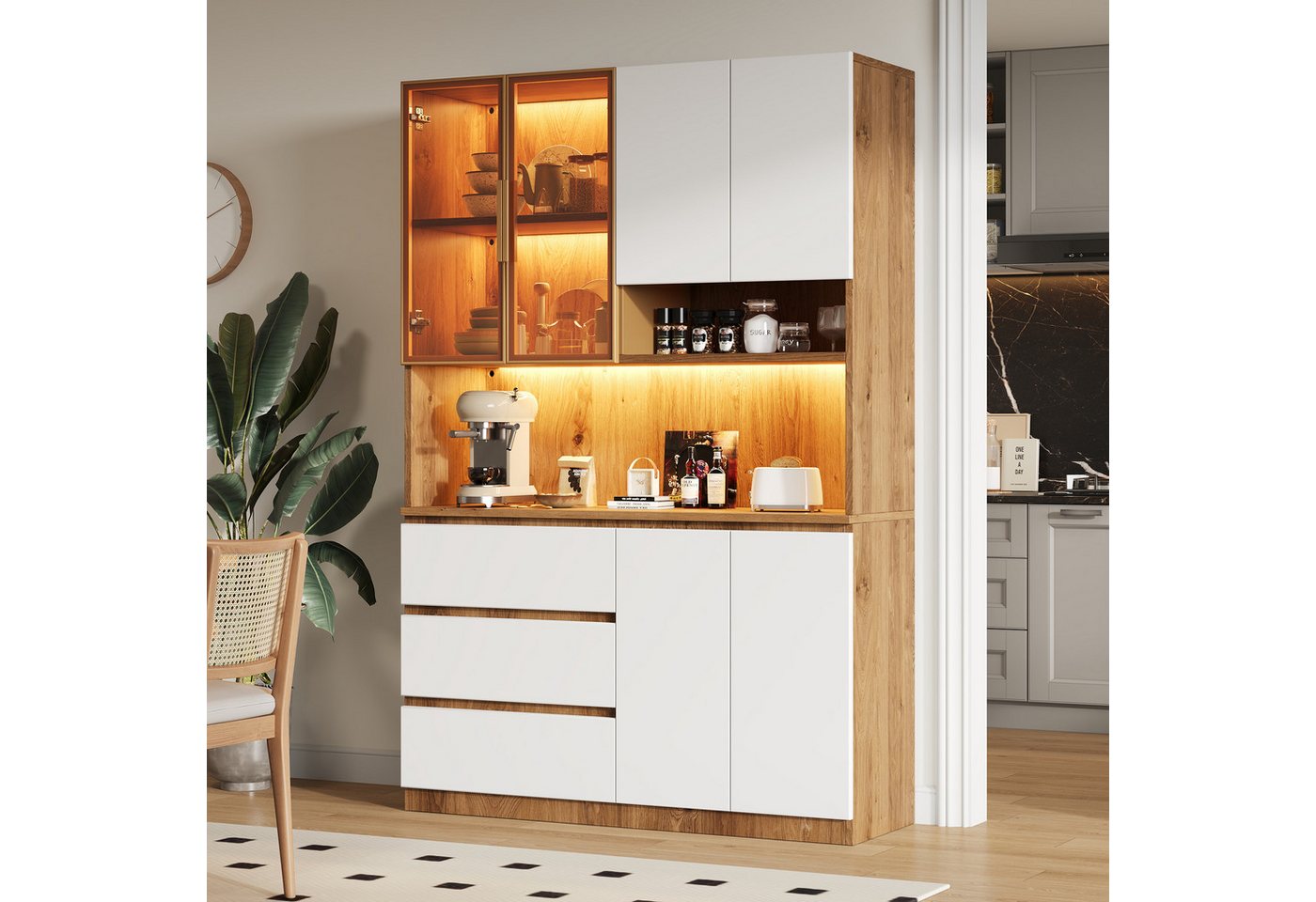 Celya Küchenbuffet Küchenschränke, Küchenvitrinen mit LED-Beleuchtung (mit 3 Schubladen, 6 Türen und Ablagebrettern) ideal für den täglichen Einsatz in Küche, E – Bild 5 von 5