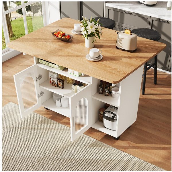 Celya Küchenwagen Kücheninsel, mit Speicherraum, küchenwagen mit rollen, (buffetschrank, Weiß), Abnehmbare Servierwagen buffetschrank, Speisewagen mit Holzmaser