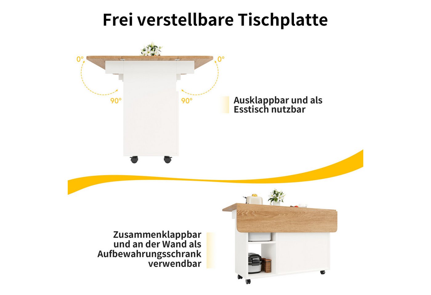 Celya Küchenwagen Kücheninsel, mit Speicherraum, küchenwagen mit rollen, (buffetschrank, Weiß), Abnehmbare Servierwagen buffetschrank, Speisewagen mit Holzmaser – Bild 2 von 5