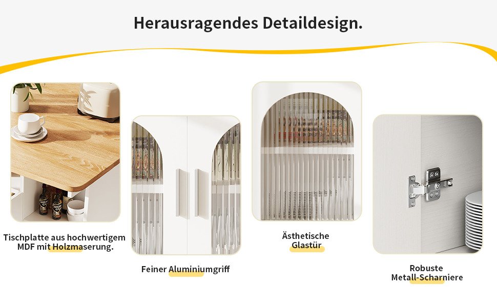 Celya Küchenwagen Kücheninsel, mit Speicherraum, küchenwagen mit rollen, (buffetschrank, Weiß), Abnehmbare Servierwagen buffetschrank, Speisewagen mit Holzmaser – Bild 3 von 5