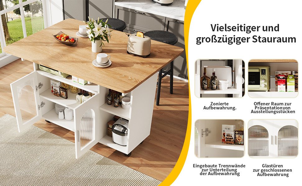 Celya Küchenwagen Kücheninsel, mit Speicherraum, küchenwagen mit rollen, (buffetschrank, Weiß), Abnehmbare Servierwagen buffetschrank, Speisewagen mit Holzmaser – Bild 4 von 5