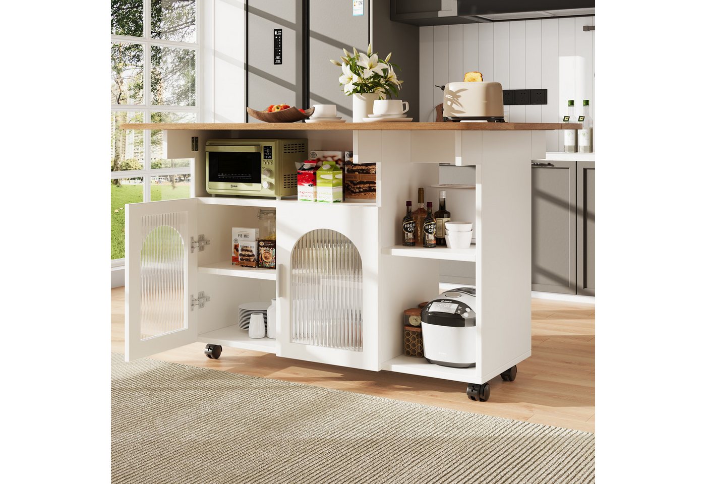 Celya Küchenwagen Kücheninsel, mit Speicherraum, küchenwagen mit rollen, (buffetschrank, Weiß), Abnehmbare Servierwagen buffetschrank, Speisewagen mit Holzmaser – Bild 5 von 5