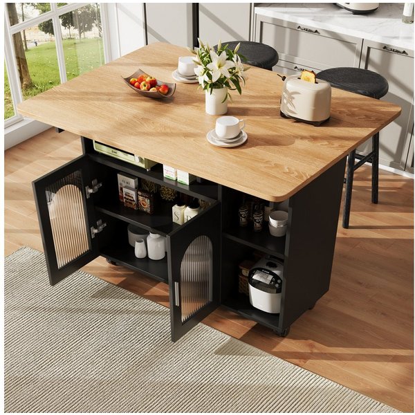 Celya Küchenwagen Kücheninsel, mit Speicherraum, küchenwagen mit rollen, (buffetschrank, Schwarz), Abnehmbare Servierwagen buffetschrank, Speisewagen mit Holzma