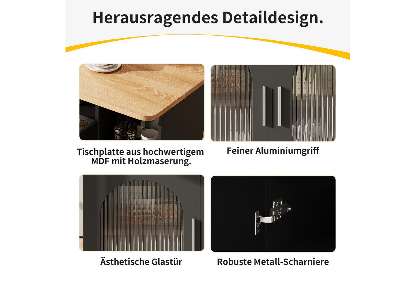 Celya Küchenwagen Kücheninsel, mit Speicherraum, küchenwagen mit rollen, (buffetschrank, Schwarz), Abnehmbare Servierwagen buffetschrank, Speisewagen mit Holzma – Bild 2 von 5