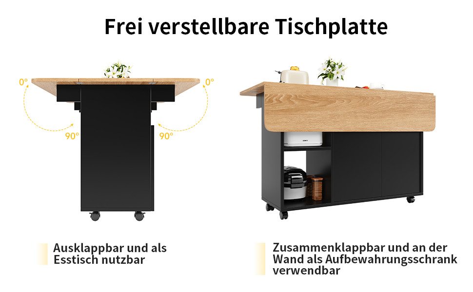 Celya Küchenwagen Kücheninsel, mit Speicherraum, küchenwagen mit rollen, (buffetschrank, Schwarz), Abnehmbare Servierwagen buffetschrank, Speisewagen mit Holzma – Bild 3 von 5
