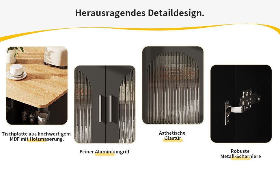 Celya Küchenwagen Kücheninsel, mit Speicherraum, küchenwagen mit rollen, (buffetschrank, Schwarz), Abnehmbare Servierwagen buffetschrank, Speisewagen mit Holzma – Bild 4 von 5