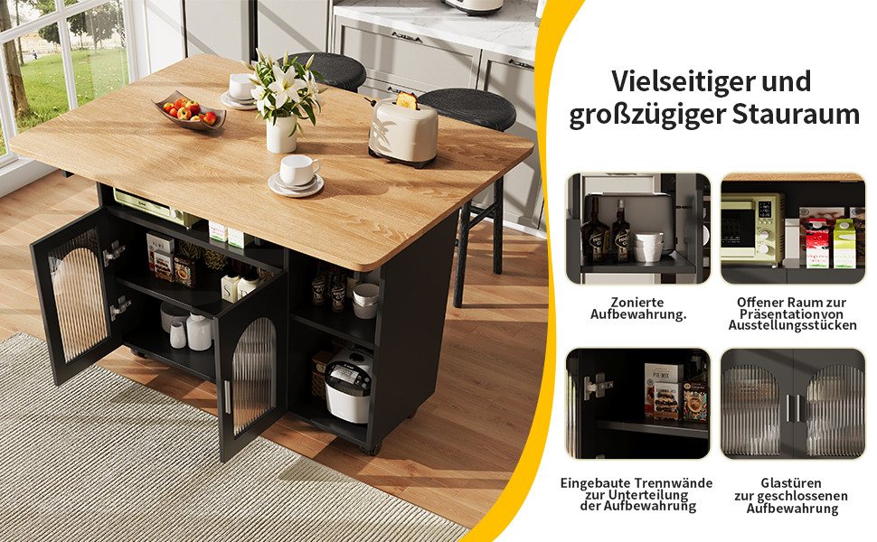 Celya Küchenwagen Kücheninsel, mit Speicherraum, küchenwagen mit rollen, (buffetschrank, Schwarz), Abnehmbare Servierwagen buffetschrank, Speisewagen mit Holzma – Bild 5 von 5