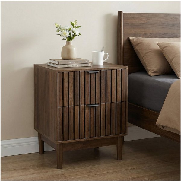 Celya Nachttisch 45 x 39 x 56.5 cm, Lattenrost-Design aus Holz mit zwei Schubladen (1er-set, Schlafzimmer Nachttisch für Schlafzimmer, Flur, Wohnzimmer)