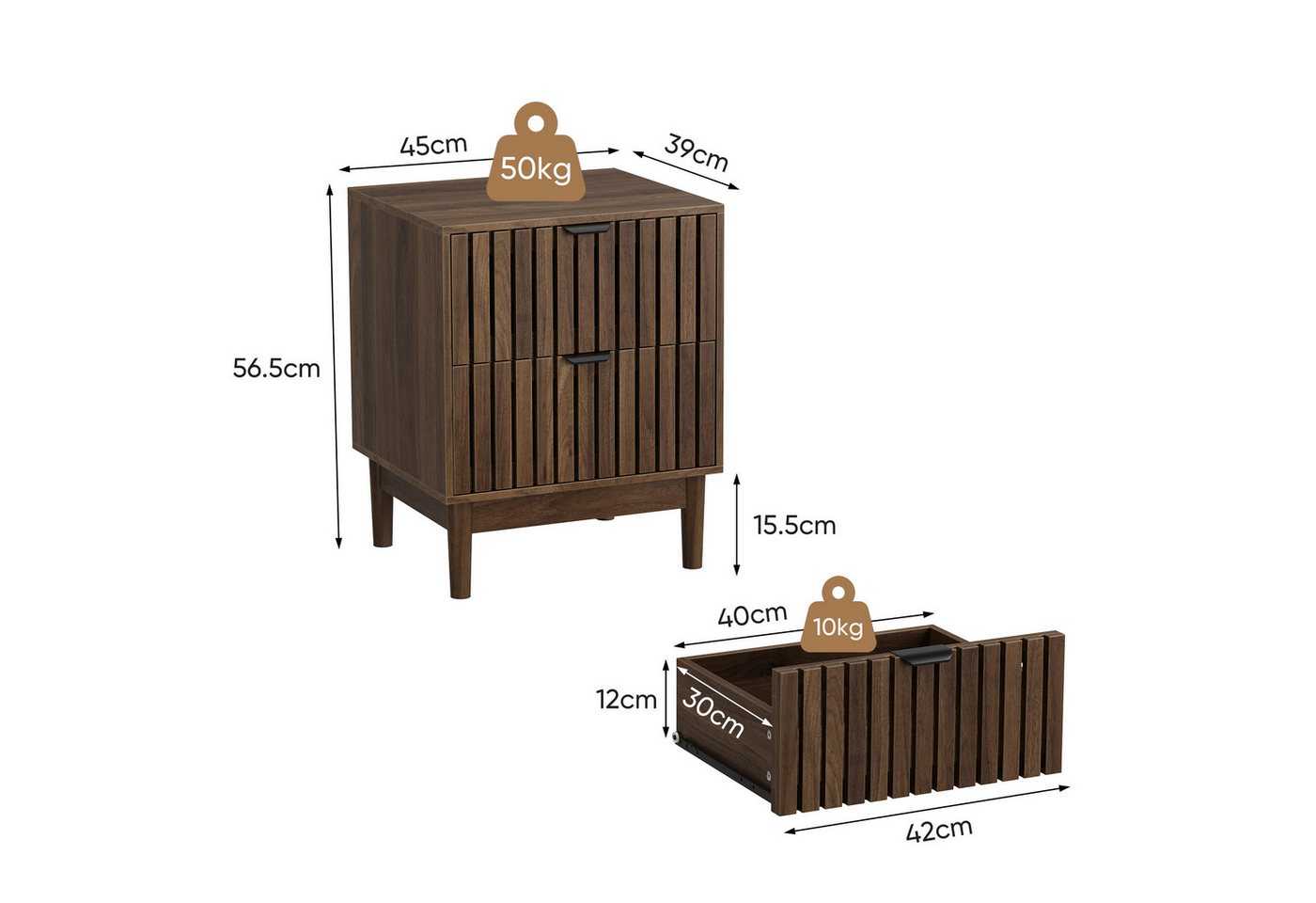Celya Nachttisch 45 x 39 x 56.5 cm, Lattenrost-Design aus Holz mit zwei Schubladen (1er-set, Schlafzimmer Nachttisch für Schlafzimmer, Flur, Wohnzimmer) – Bild 2 von 5