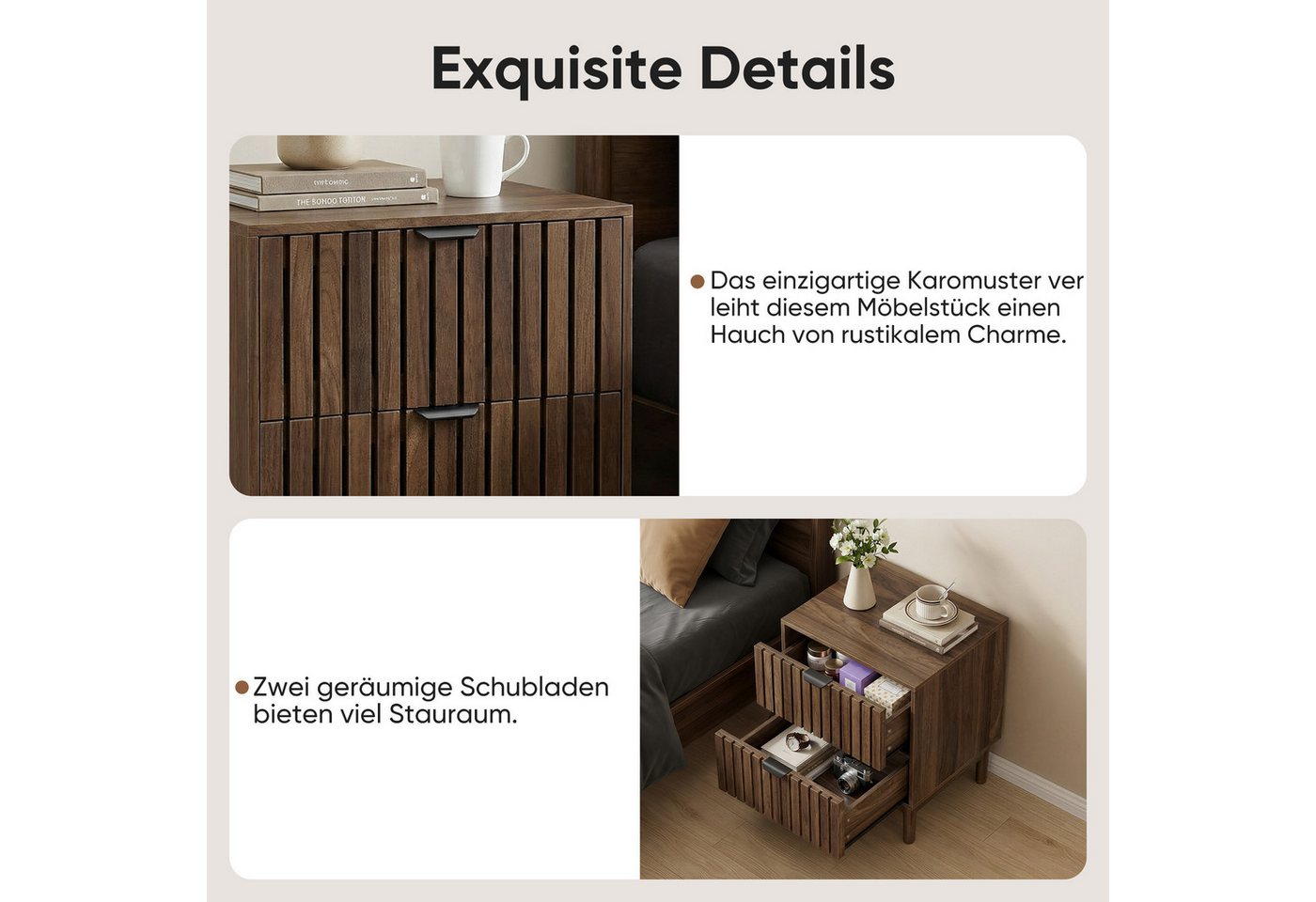 Celya Nachttisch 45 x 39 x 56.5 cm, Lattenrost-Design aus Holz mit zwei Schubladen (1er-set, Schlafzimmer Nachttisch für Schlafzimmer, Flur, Wohnzimmer) – Bild 3 von 5