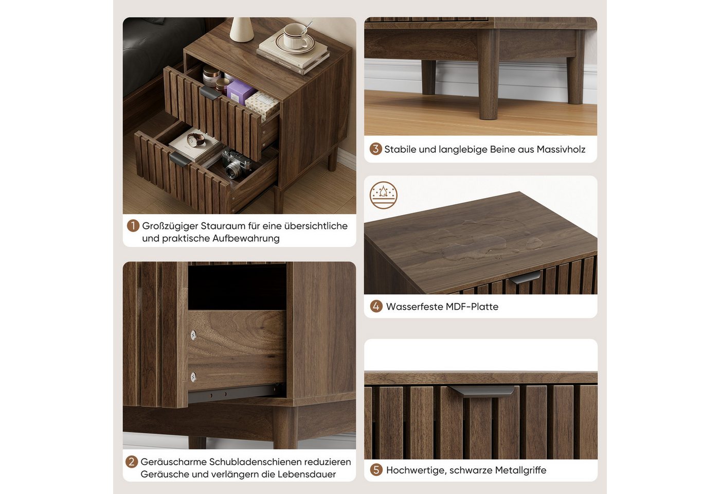 Celya Nachttisch 45 x 39 x 56.5 cm, Lattenrost-Design aus Holz mit zwei Schubladen (1er-set, Schlafzimmer Nachttisch für Schlafzimmer, Flur, Wohnzimmer) – Bild 4 von 5