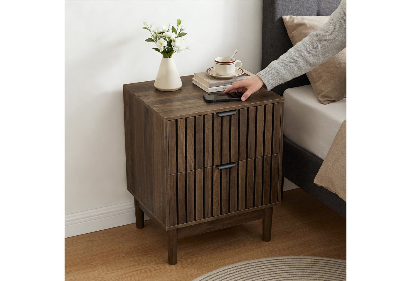 Celya Nachttisch 45 x 39 x 56.5 cm, Lattenrost-Design aus Holz mit zwei Schubladen (1er-set, Schlafzimmer Nachttisch für Schlafzimmer, Flur, Wohnzimmer) – Bild 5 von 5