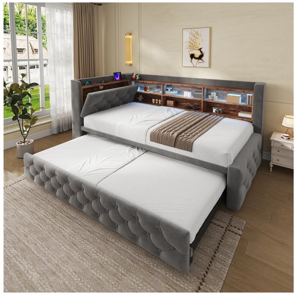 Celya Polsterbett 90x190 cm Schlafsofa Bettgestell ausziehbar, mit Stauraum (ohne Matratze, mit Ablagefläche, LED Licht, USB und Type-C)