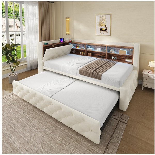 Celya Polsterbett 90x190 cm Schlafsofa Bettgestell ausziehbar, mit Stauraum (ohne Matratze, mit Ablagefläche, LED Licht, USB und Type-C)