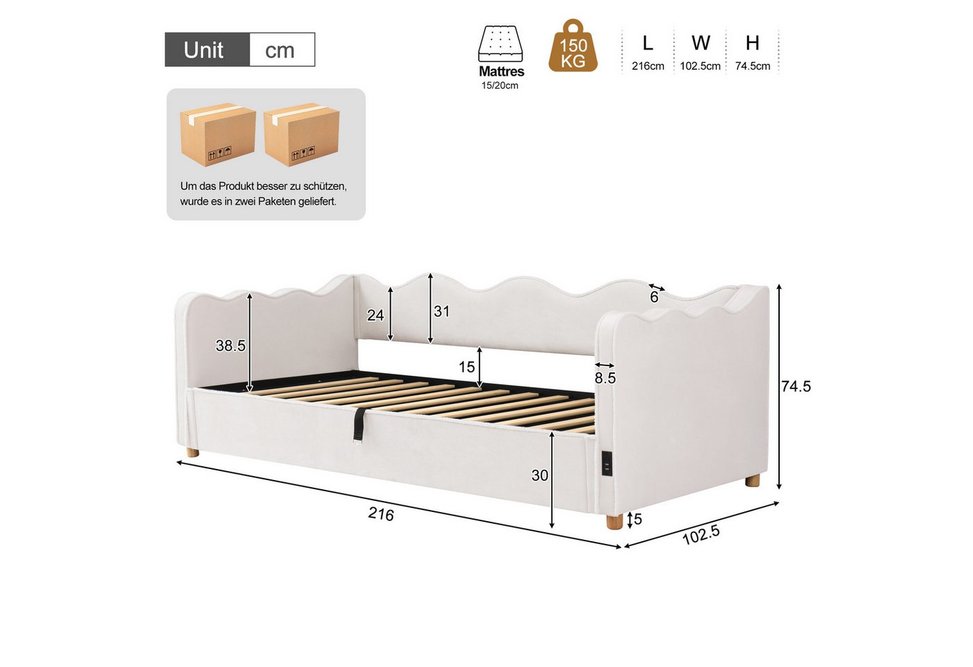Celya Polsterbett Daybett, Tagesbett, Schlafsofa mit hydraulischem Stauraum (ohne Matratze, mit USB- und Type-C-Anschluss), ideal für moderne Kinder- und Jugend – Bild 2 von 5