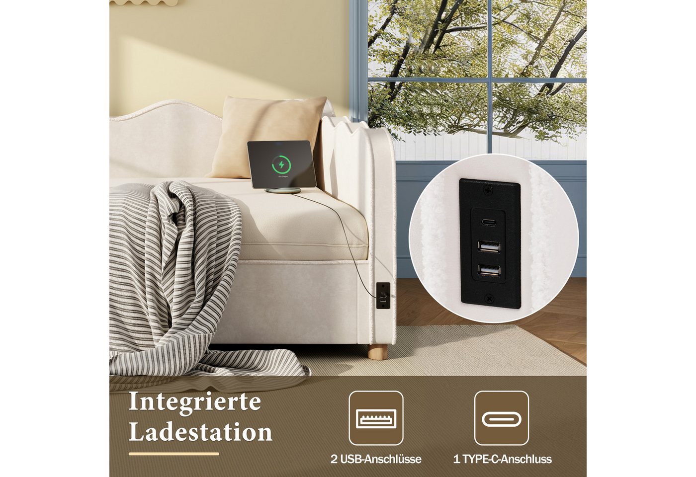 Celya Polsterbett Daybett, Tagesbett, Schlafsofa mit hydraulischem Stauraum (ohne Matratze, mit USB- und Type-C-Anschluss), ideal für moderne Kinder- und Jugend – Bild 5 von 5