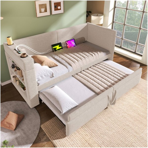 Celya Polsterbett Daybett, Einzelbett Schlafsofa mit Ausziehbett, Leinen-Mischgewebe (90x200cm, ohne Matratze), Armlehnen mit USB- & Type-C-Ladeanschluss und Ge