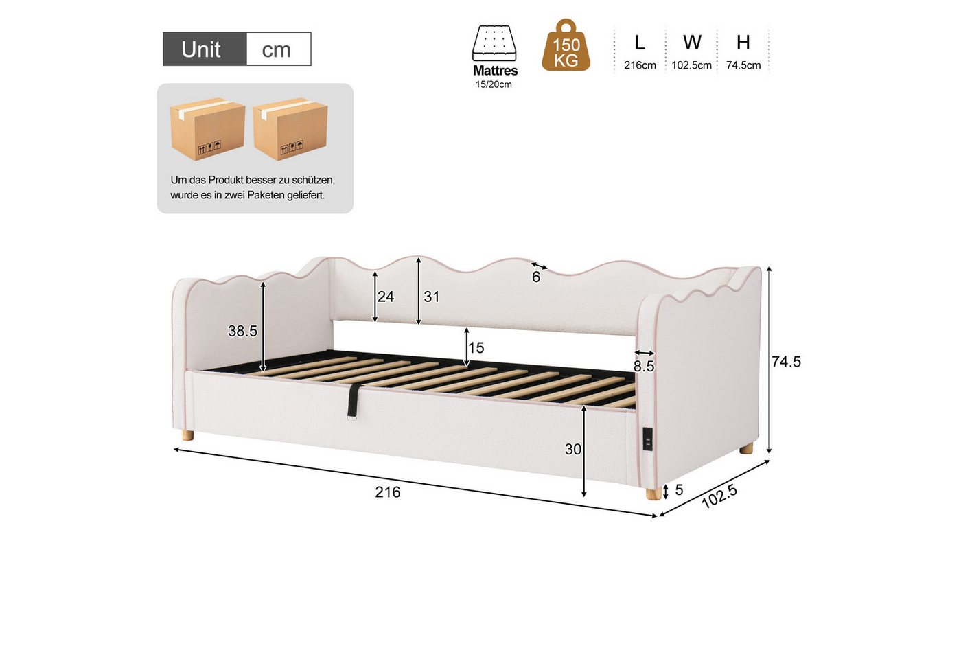 Celya Polsterbett Daybett, Tagesbett, Schlafsofa mit hydraulischem Stauraum (ohne Matratze, mit USB- und Type-C-Anschluss), ideal für moderne Kinder- und Jugend – Bild 2 von 5