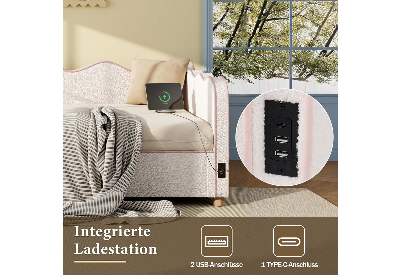 Celya Polsterbett Daybett, Tagesbett, Schlafsofa mit hydraulischem Stauraum (ohne Matratze, mit USB- und Type-C-Anschluss), ideal für moderne Kinder- und Jugend – Bild 3 von 5