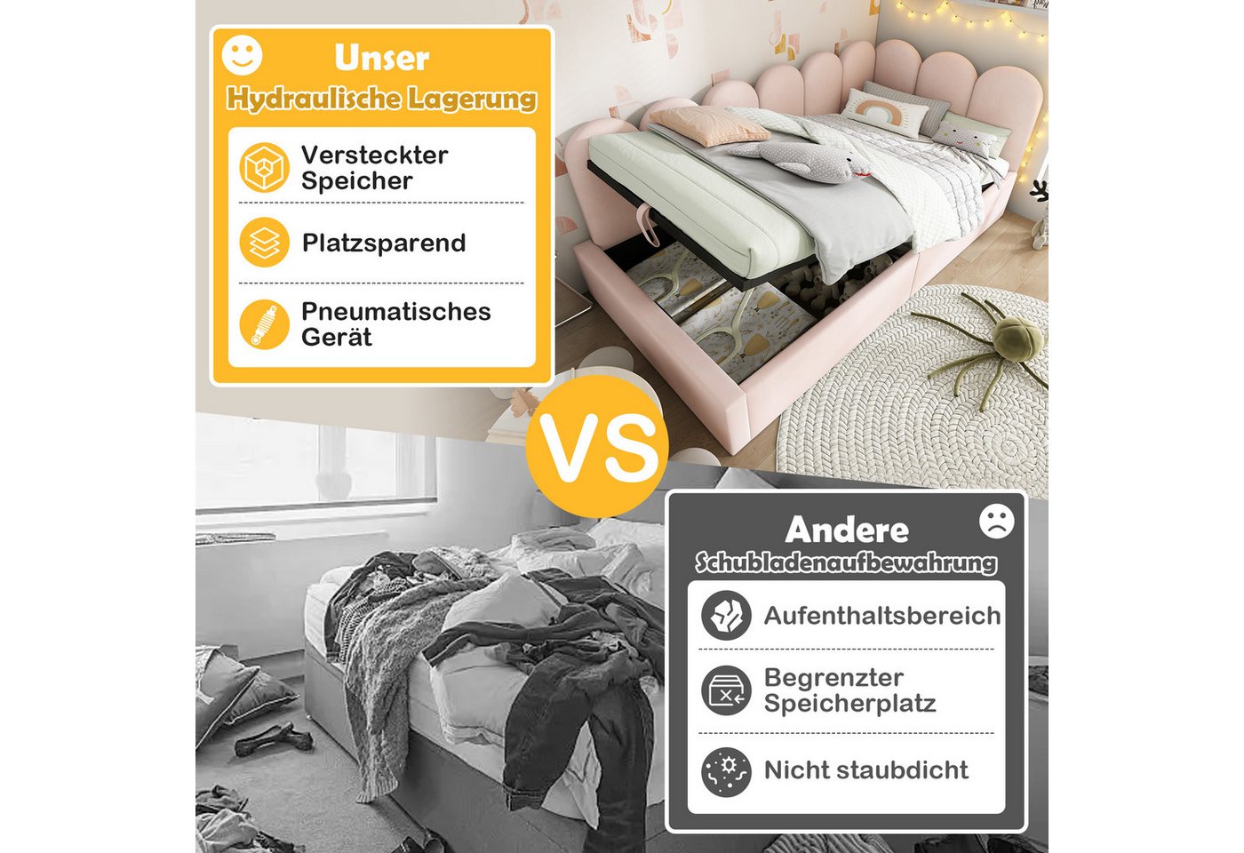 Celya Polsterbett Daybett 90x190 cm,Tagesbett Schlafsofa mit hydraulischem Stauraum (ohne Matratze), Kinderbett mit Metall-Lattenrost, Samt, Beige – Bild 4 von 5