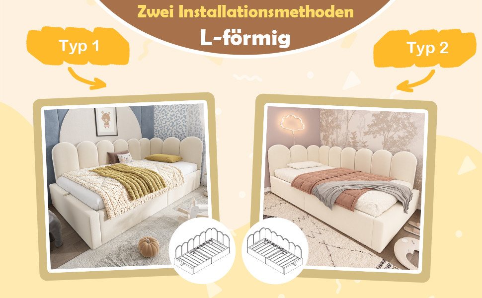 Celya Polsterbett Daybett 90x190 cm,Tagesbett Schlafsofa mit hydraulischem Stauraum (ohne Matratze), Kinderbett mit Metall-Lattenrost, Samt, Beige – Bild 5 von 5