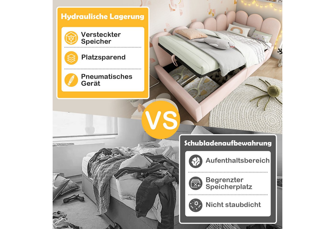 Celya Polsterbett Daybett 90x200 cm,Tagesbett Schlafsofa mit hydraulischem Stauraum (ohne Matratze), Kinderbett mit Metall-Lattenrost, Samt, Rosa – Bild 3 von 5