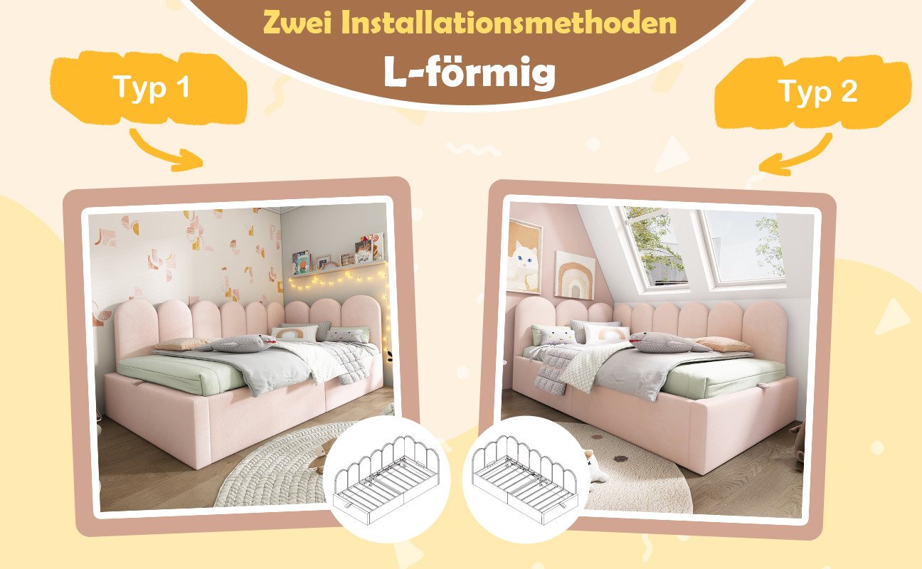Celya Polsterbett Daybett 90x200 cm,Tagesbett Schlafsofa mit hydraulischem Stauraum (ohne Matratze), Kinderbett mit Metall-Lattenrost, Samt, Rosa – Bild 5 von 5